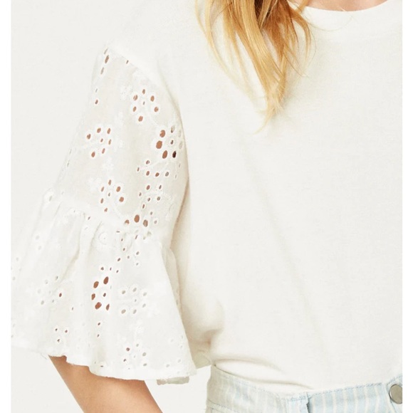 🆕HAYDEN Off White Boho Bohemian Puff Ruffle Lace Sleeve Blouse Short Sleeve Top - Picture 3 of 9